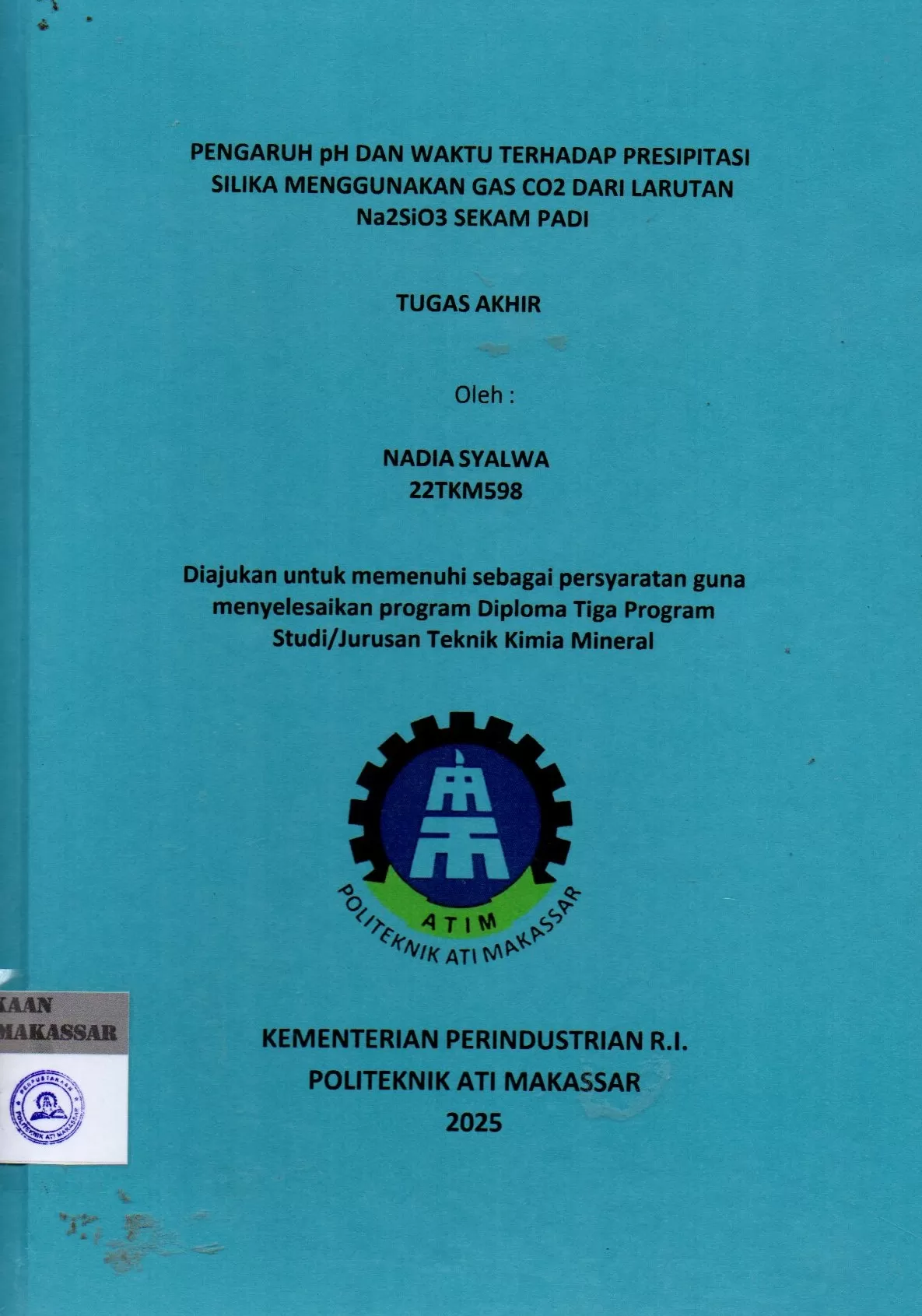 Cover Pengaruh pH dan Waktu Terhadap Presipitasi Silika Menggunakan Gas Co2 dari Larutan Na2SiO3 Sekam Padi : Tugas Akhir / Nadia Syalwa; Syardah Ugra Al- Adawiyah; Gyan Prameswara